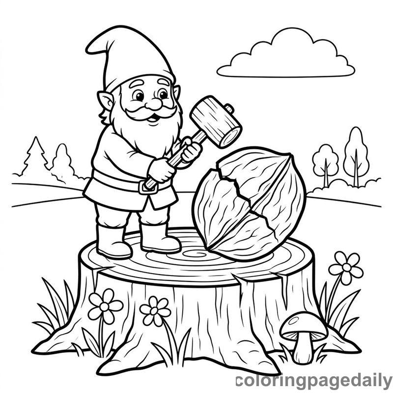 Gnome Cracking Giant Walnut - Daily printable coloring page in Mythical Creature category