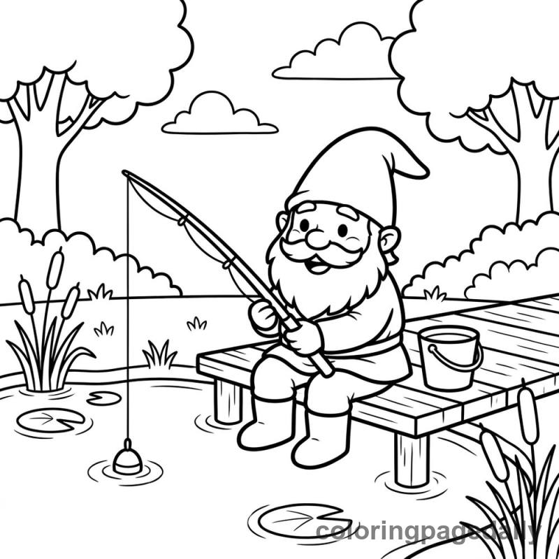 Gnome Fishing at Pond - Daily printable coloring page in Mythical Creature category