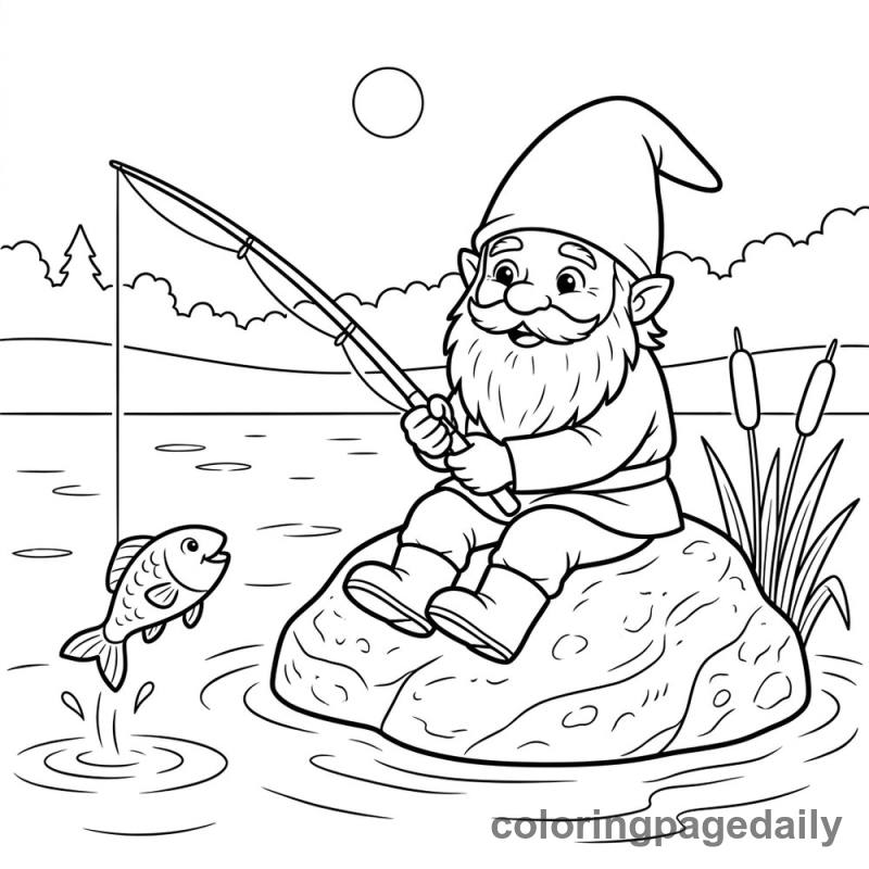 Gnome Goes Fishing on a Rock - Daily printable coloring page in Mythical Creature category