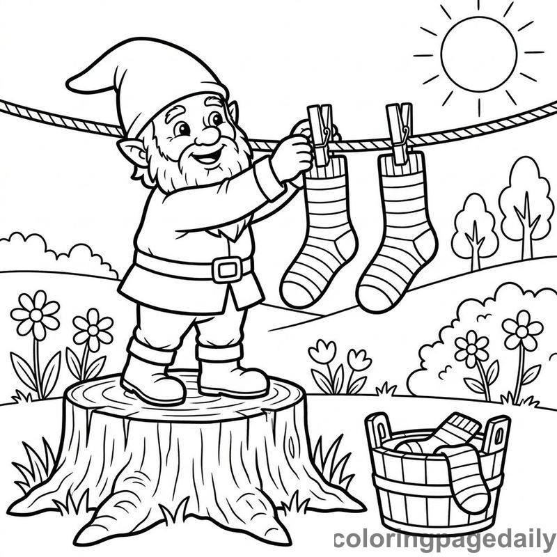 Gnome Hanging Laundry - Daily printable coloring page in Mythical Creature category