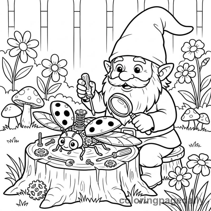 Gnome Invents a Clockwork Bug - Daily printable coloring page in Mythical Creature category