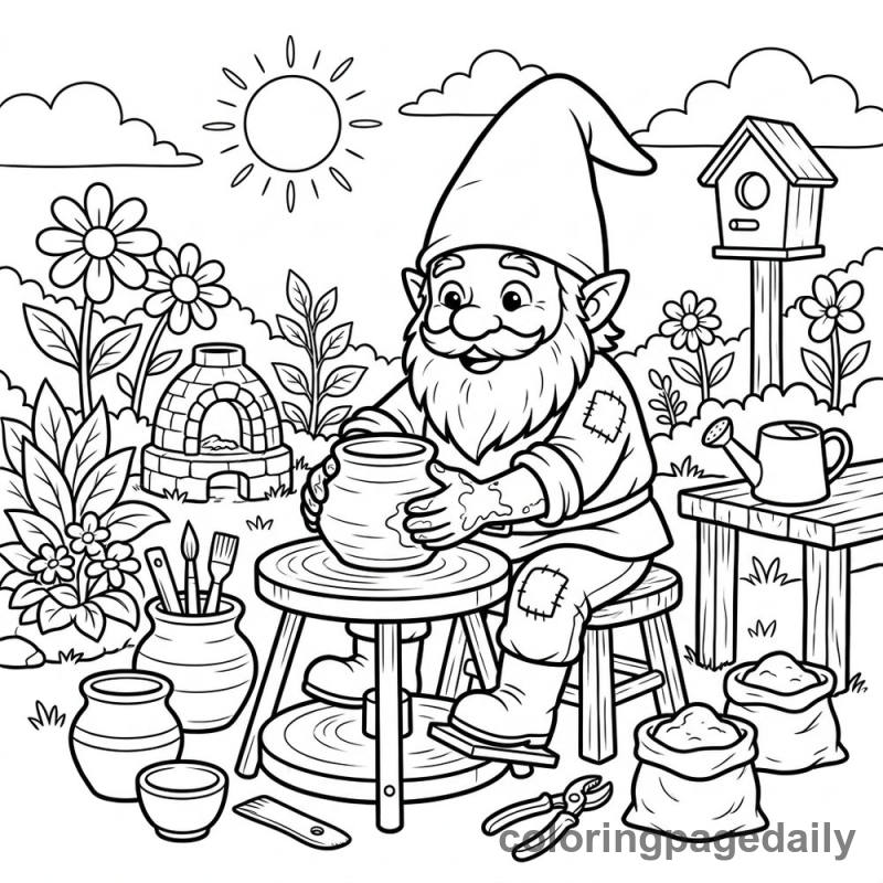 Gnome Making Pottery - Daily printable coloring page in Mythical Creature category