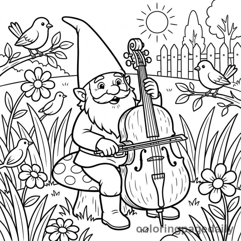 Gnome Playing Gourd Cello - Daily printable coloring page in Mythical Creature category