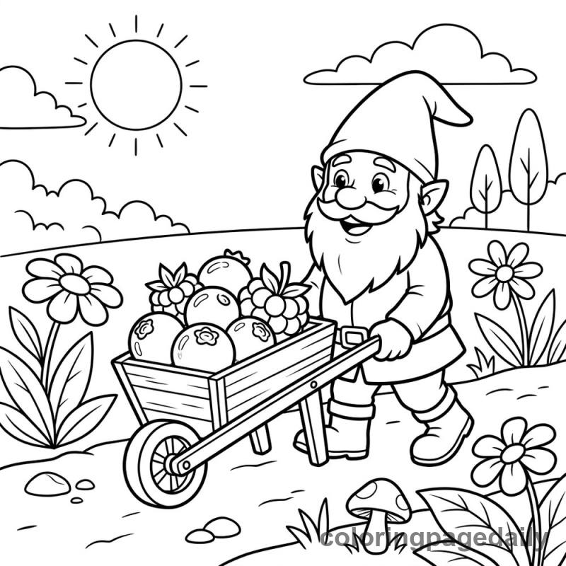 Gnome Pushes a Berry Barrow - Daily printable coloring page in Mythical Creature category