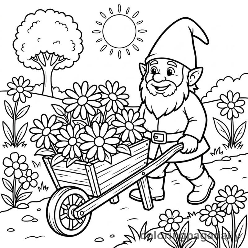 Gnome Pushing Flower Wheelbarrow - Daily printable coloring page in Mythical Creature category