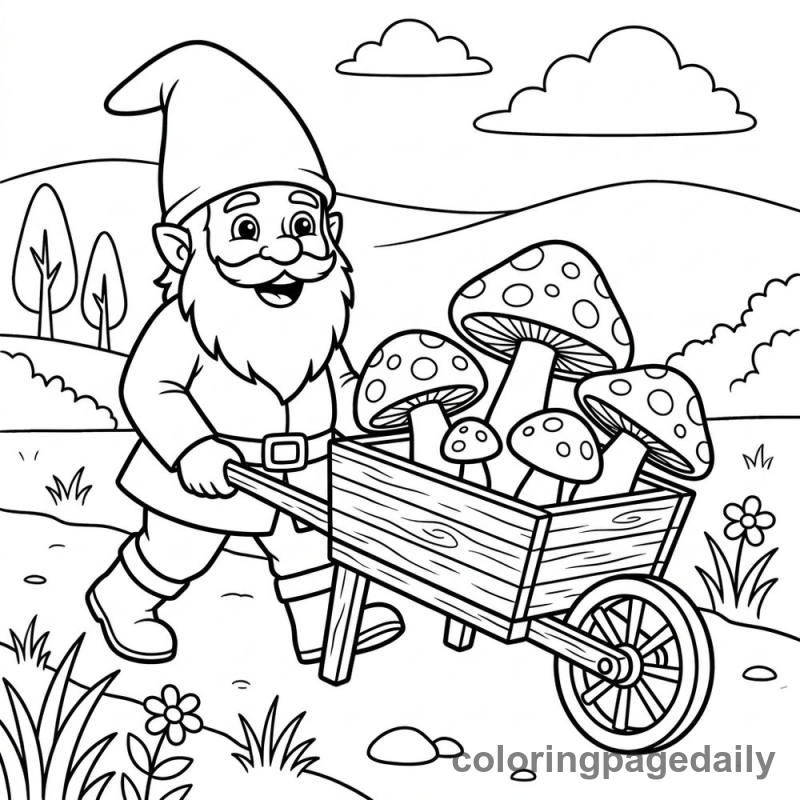 Gnome Pushing Mushroom Cart - Daily printable coloring page in Mythical Creature category