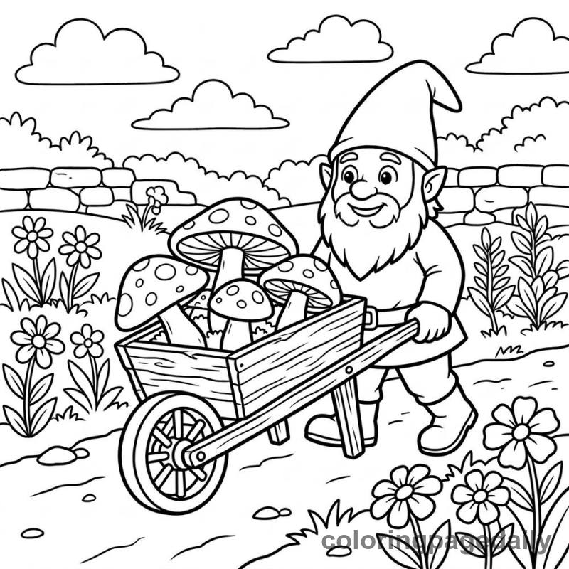 Gnome Pushing Mushroom Cart - Daily printable coloring page in Mythical Creature category