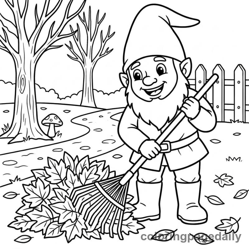 Gnome Raking Leaves - Daily printable coloring page in Mythical Creature category