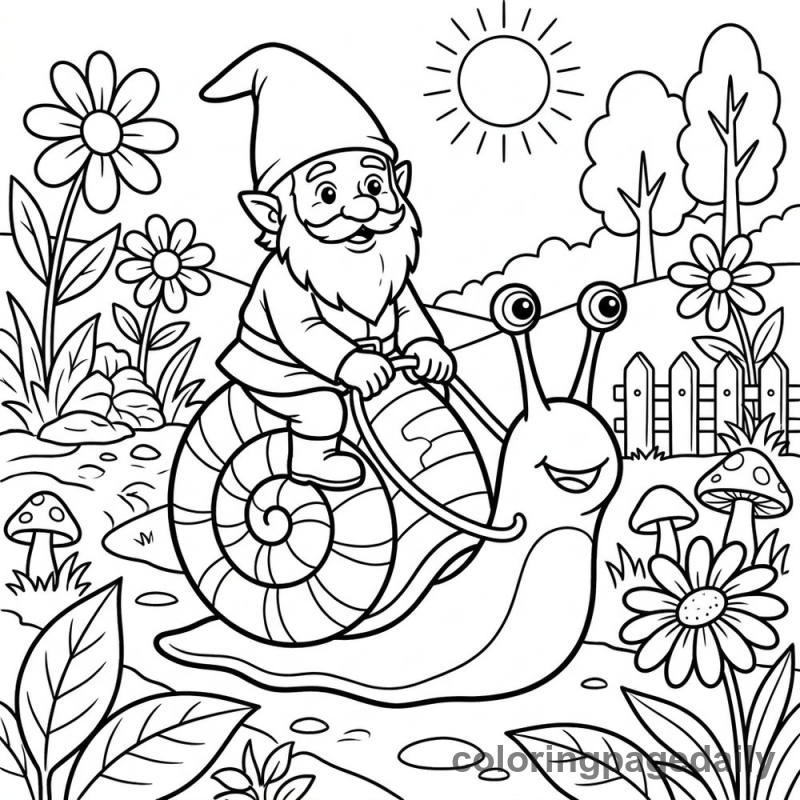Gnome Riding a Snail - Daily printable coloring page in Mythical Creature category