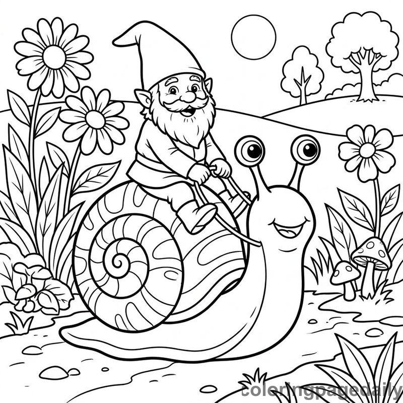 Gnome Riding Snail - Daily printable coloring page in Mythical Creature category