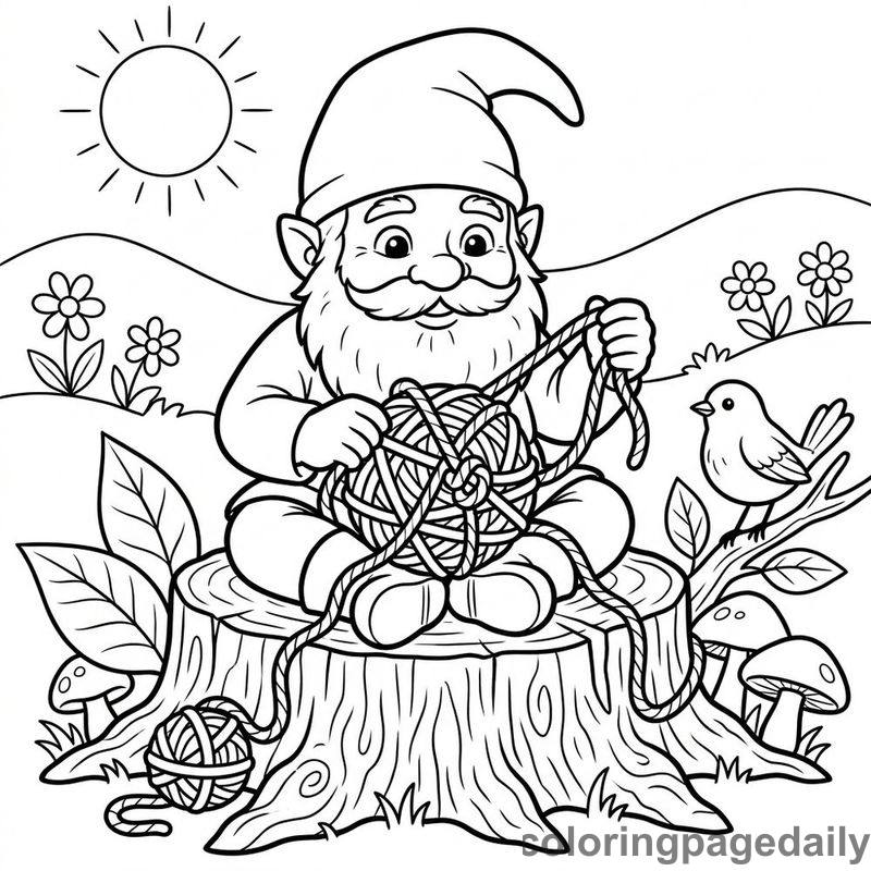 Gnome Untangling Thick Yarn - Daily printable coloring page in Mythical Creature category