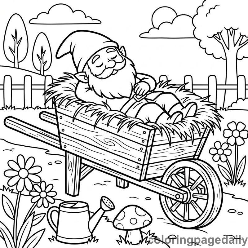 Gnome Wheelbarrow Nap - Daily printable coloring page in Mythical Creature category