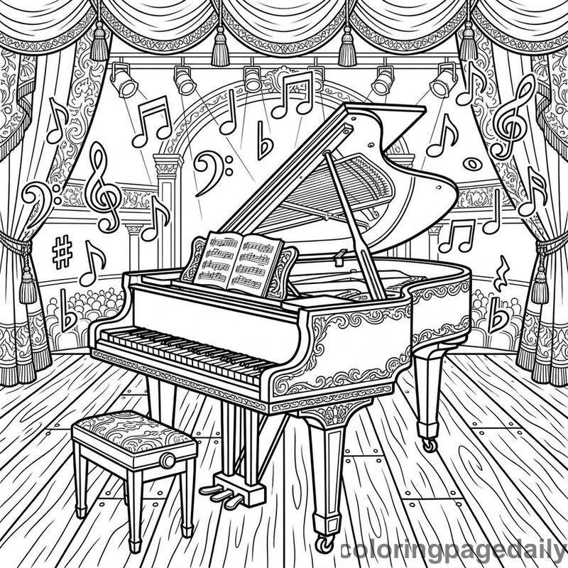 Grand Piano On Stage - Daily printable coloring page in Music and Arts category