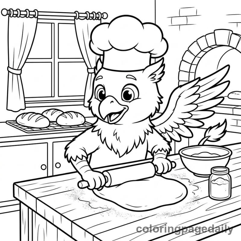 Griffin Baking Bread - Daily printable coloring page in Mythical Creature category