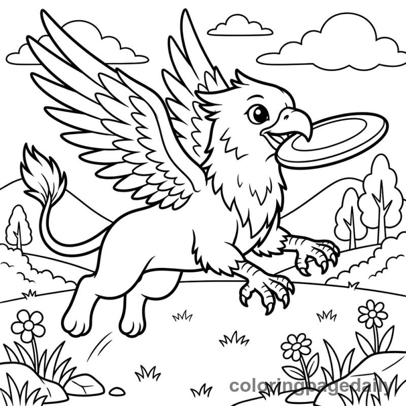 Griffin Catching a Frisbee - Daily printable coloring page in Mythical Creature category
