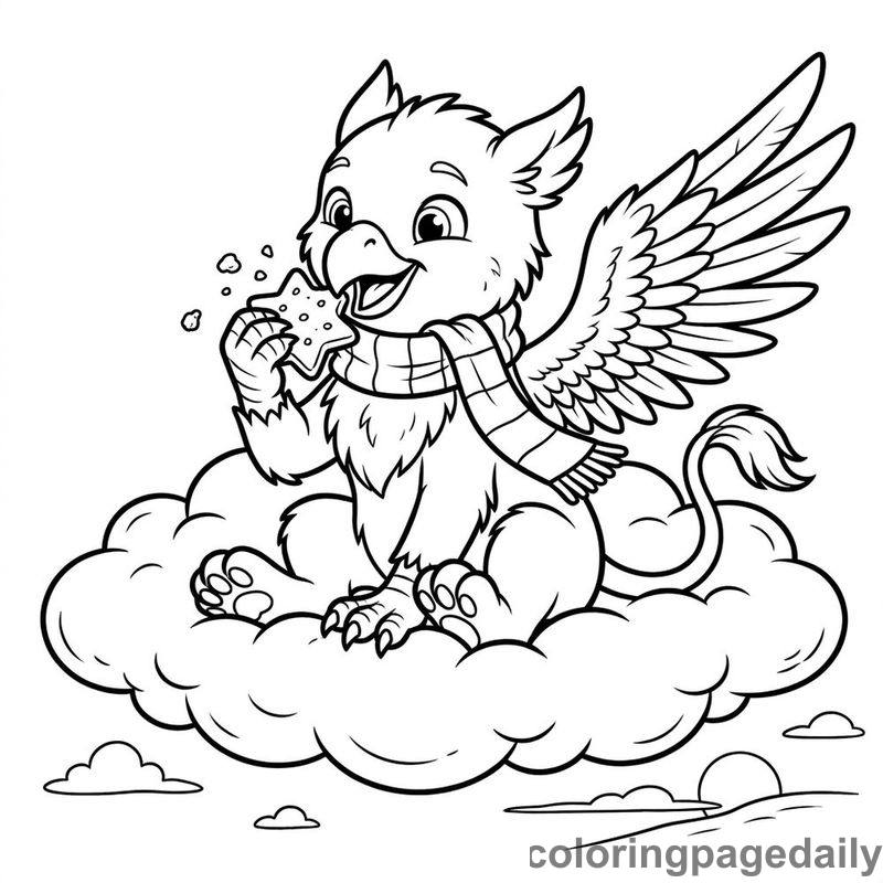 Griffin Eating Star Cookie - Daily printable coloring page in Mythical Creature category