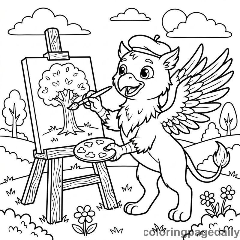 Griffin Painting On Easel - Daily printable coloring page in Mythical Creature category