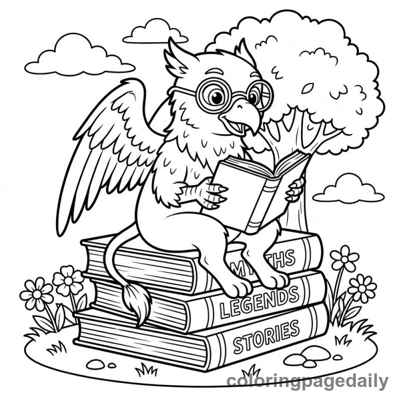 Griffin Reading a Big Book - Daily printable coloring page in Mythical Creature category