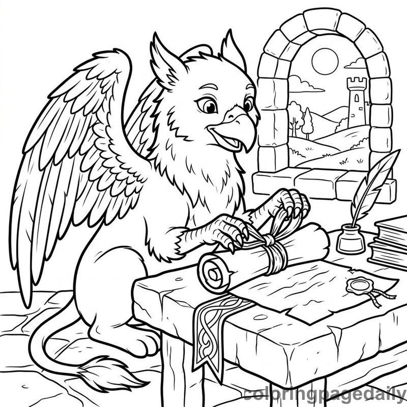 Griffin Tying A Scroll - Daily printable coloring page in Mythical Creature category