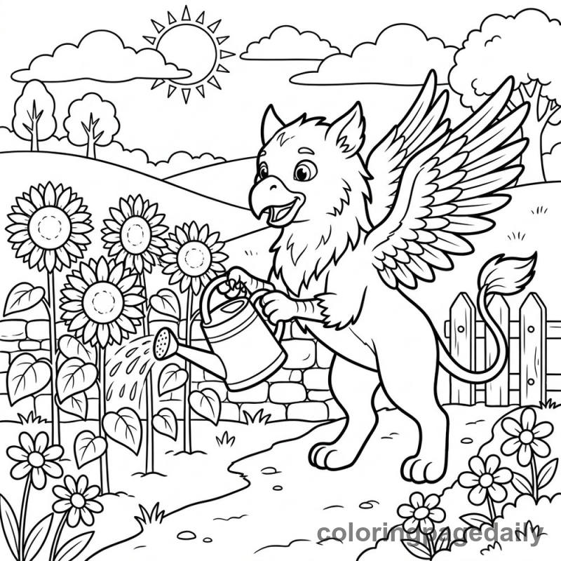 Griffin Watering Flowers - Daily printable coloring page in Mythical Creature category
