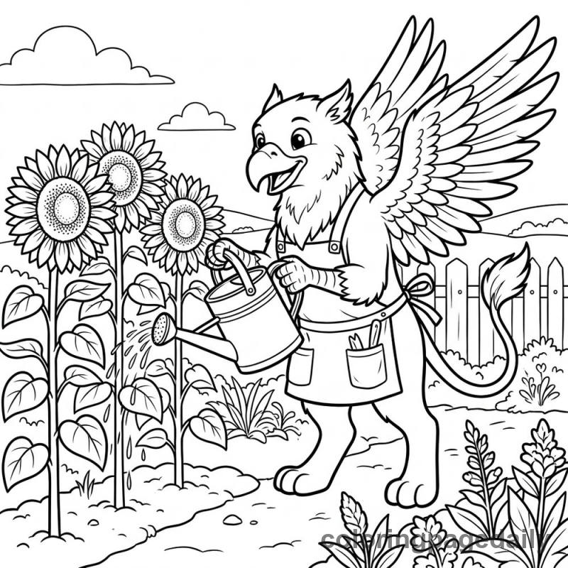 Griffin Watering Giant Sunflowers - Daily printable coloring page in Mythical Creature category