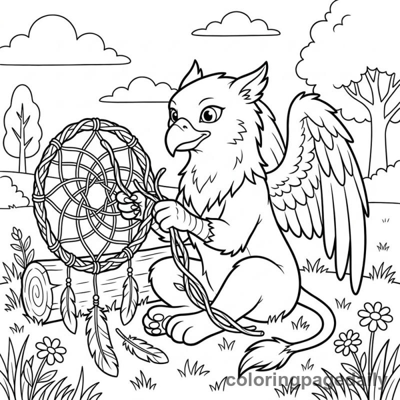 Griffin Weaving Dreamcatcher - Daily printable coloring page in Mythical Creature category