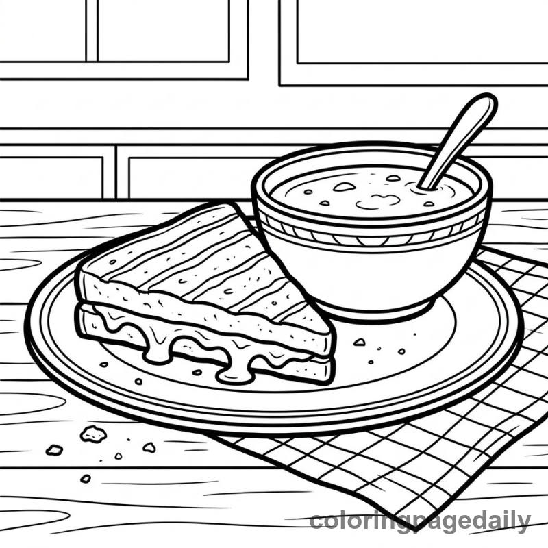 Grilled Cheese And Soup - Daily printable coloring page in Food category