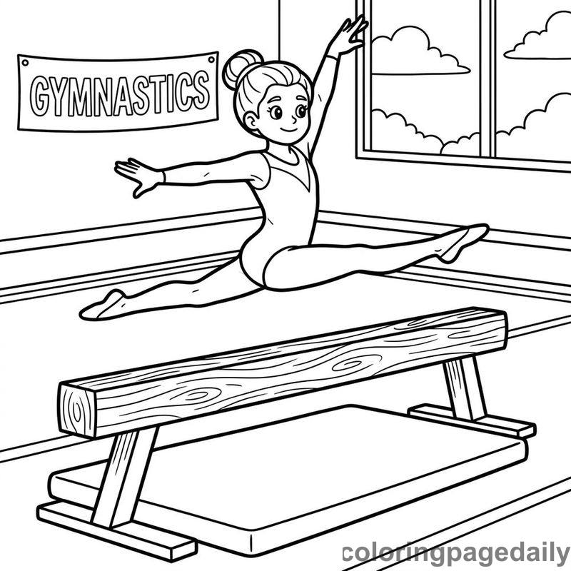 Gymnast Balance Beam Leap - Daily printable coloring page in Sports category