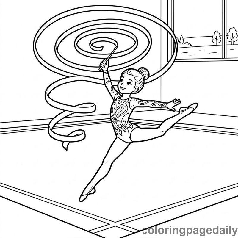 Gymnast Floor Ribbon Routine - Daily printable coloring page in Sports category