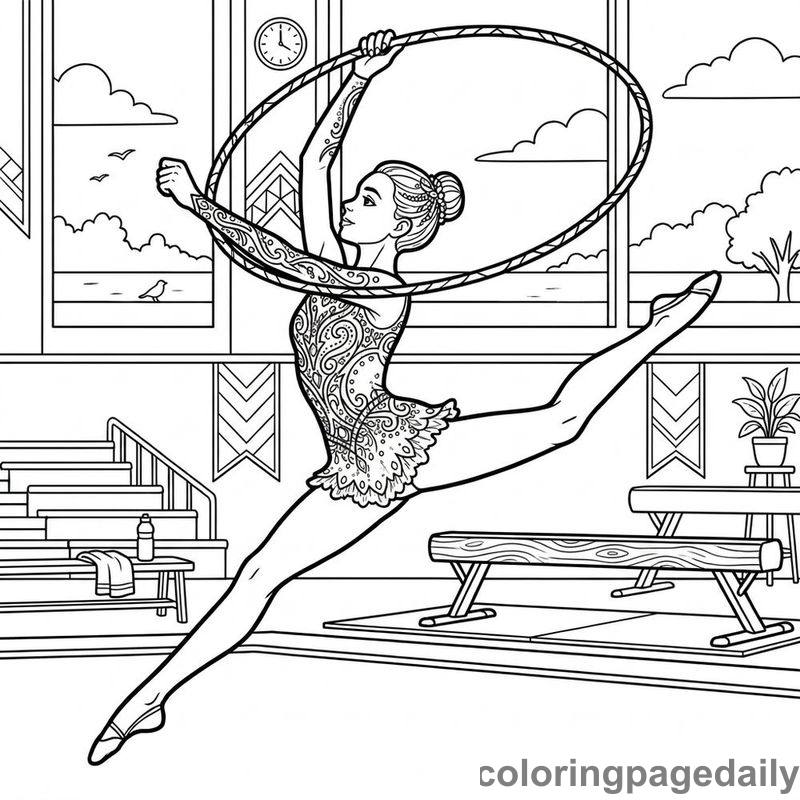 Gymnast Leaping With Hoop - Daily printable coloring page in Sports category