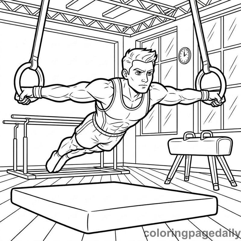 Gymnast On Rings - Daily printable coloring page in Sports category