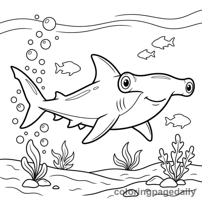 Hammerhead Shark Swims By - Daily printable coloring page in Ocean and Underwater Life category