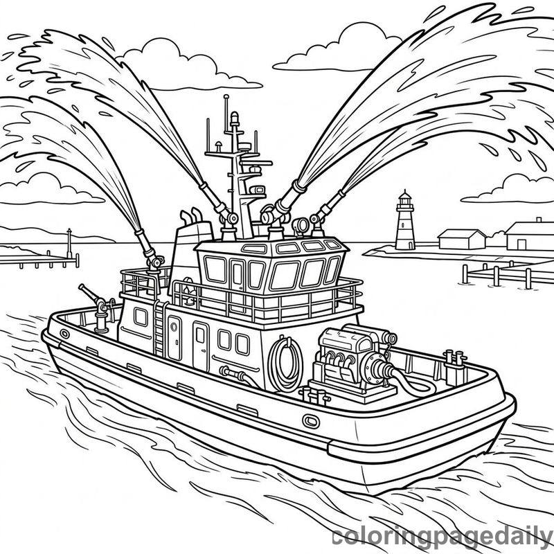 Harbor Fireboat Spraying Water - Daily printable coloring page in Vehicle category