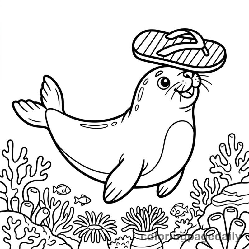 Harbor Seal Balancing Flip Flop - Daily printable coloring page in Ocean and Underwater Life category
