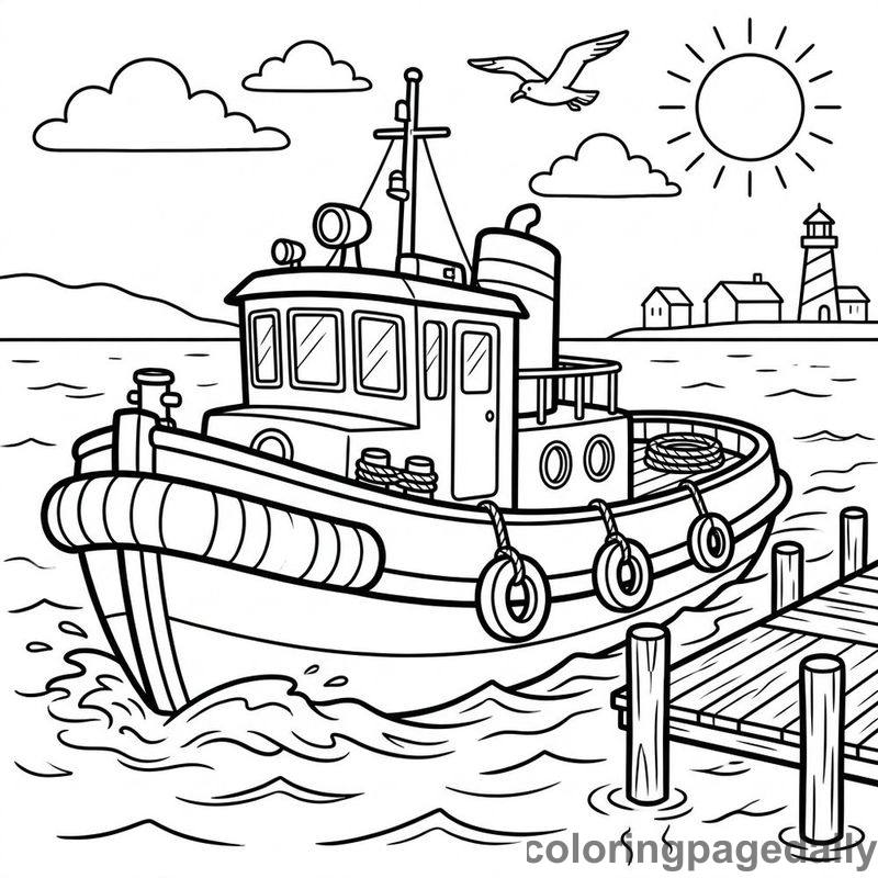 Harbor Tugboat In Water - Daily printable coloring page in Vehicle category