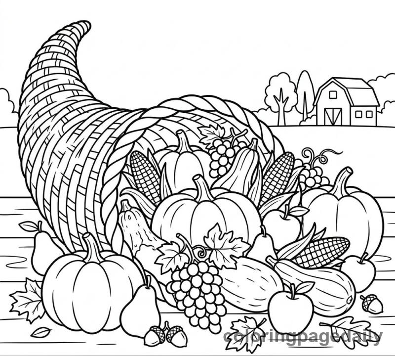 Harvest Cornucopia Overflowing - Daily printable coloring page in Thanksgiving category