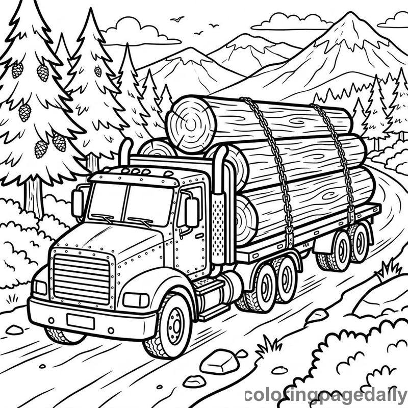Heavy Logging Truck Hauling - Daily printable coloring page in Vehicle category
