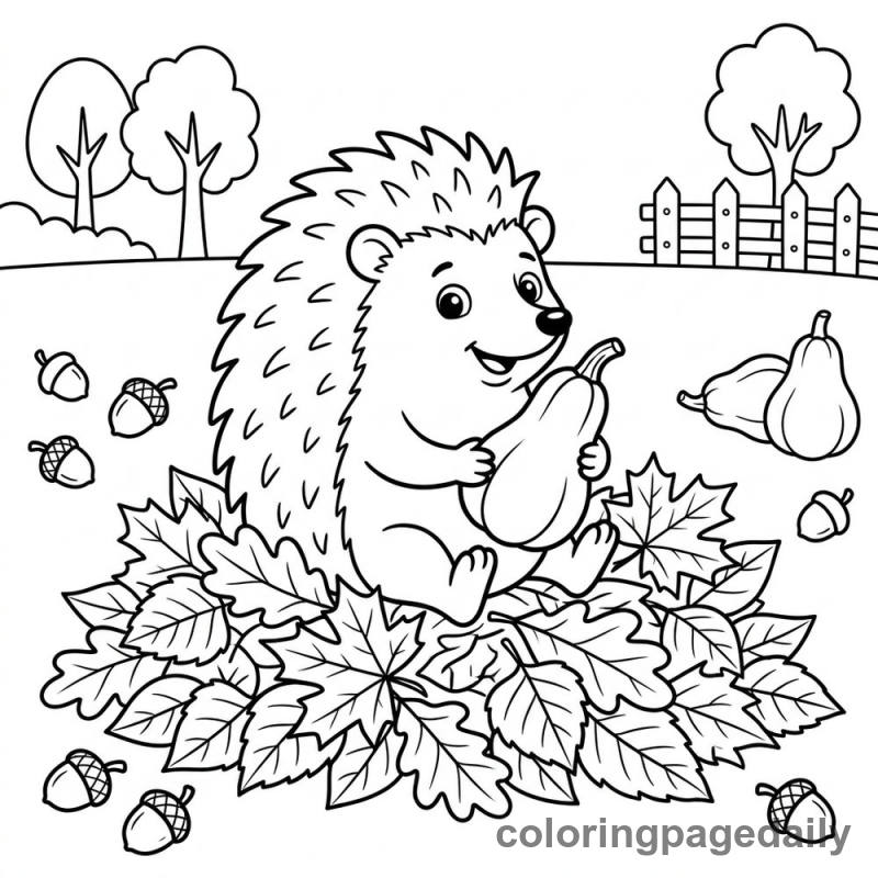Hedgehog in Autumn Leaves - Daily printable coloring page in Thanksgiving category