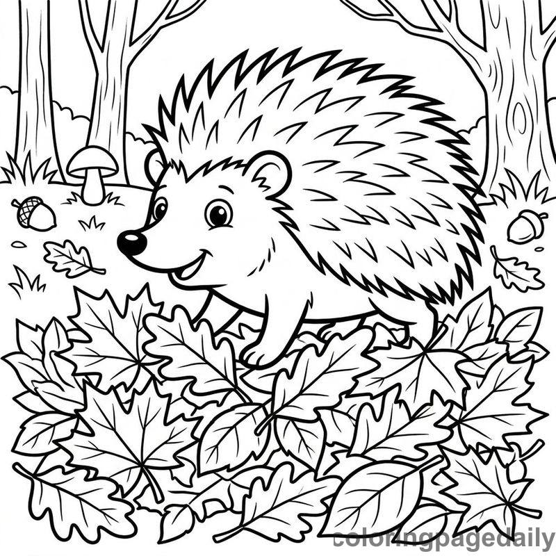 Hedgehog Wading Through Autumn Leaves - Daily printable coloring page in Halloween and Autumn category