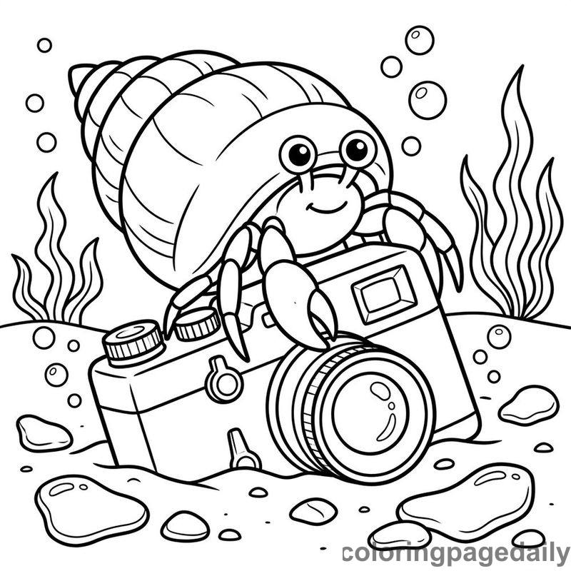 Hermit Crab Exploring Camera - Daily printable coloring page in Ocean and Underwater Life category