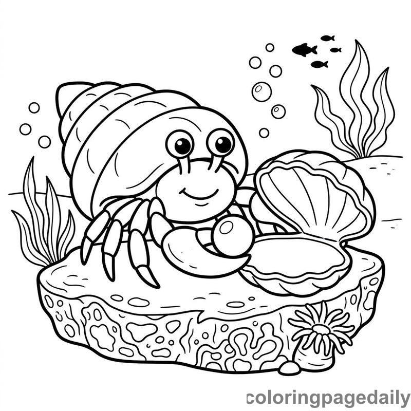 Hermit Crab Holding Pearl - Daily printable coloring page in Ocean and Underwater Life category