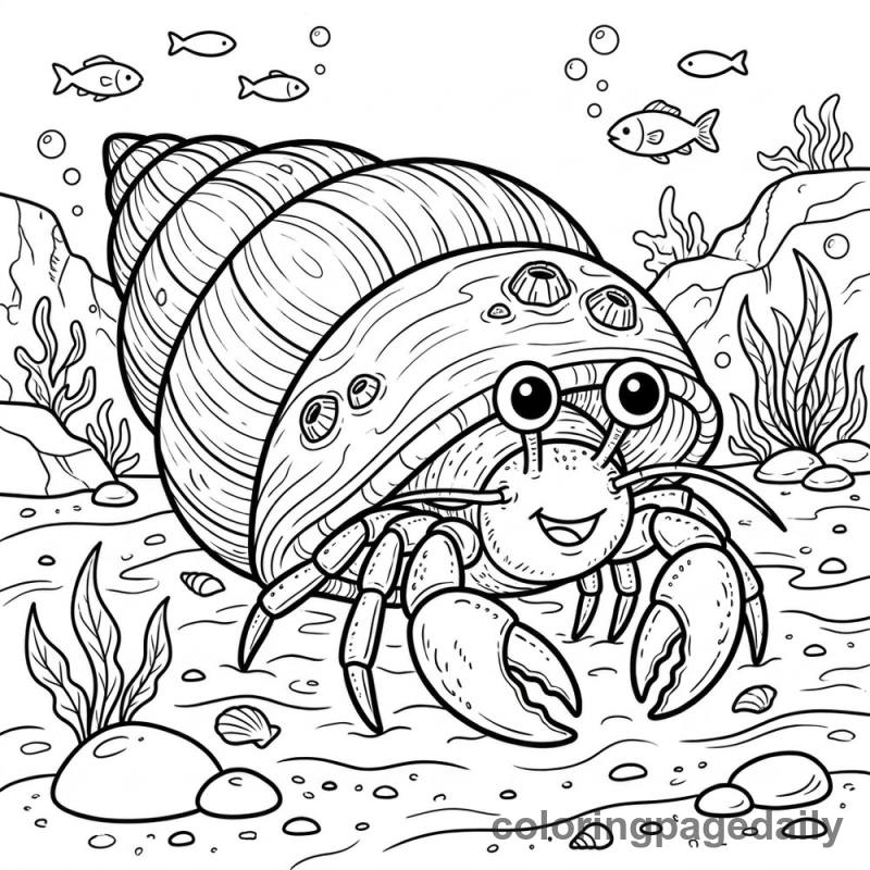 Hermit Crab Peeking - Daily printable coloring page in Ocean and Underwater Life category