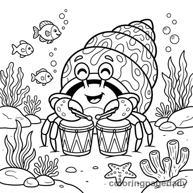 Hermit Crab Playing Drums - Daily printable coloring page in Ocean and Underwater Life category