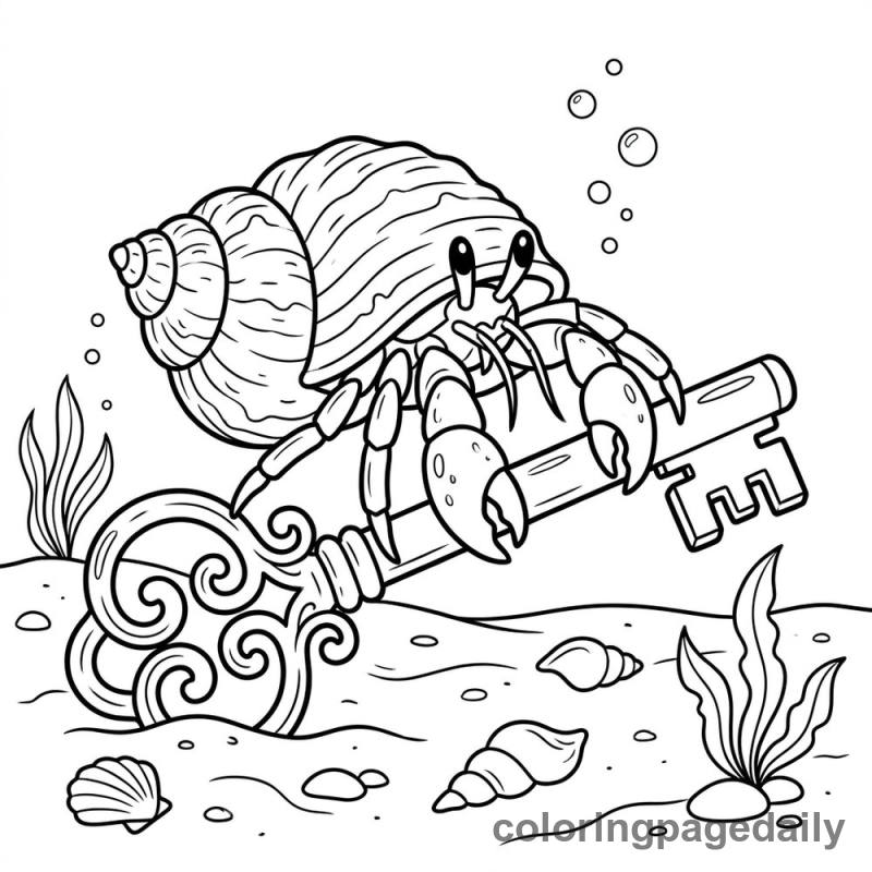 Hermit Crab Finding A Key - Daily printable coloring page in Ocean and Underwater Life category
