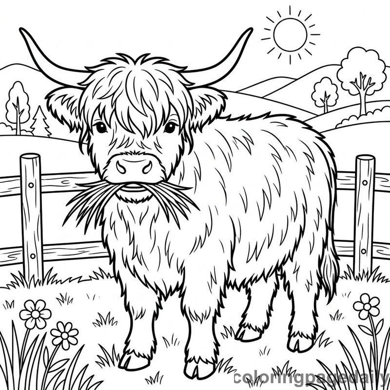 Highland Cow Chewing Grass - Daily printable coloring page in Animals category