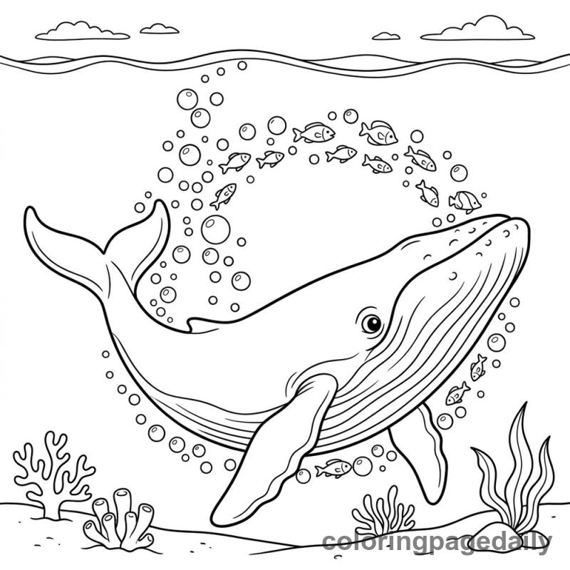 Humpback Whale Bubble Net - Daily printable coloring page in Ocean and Underwater Life category