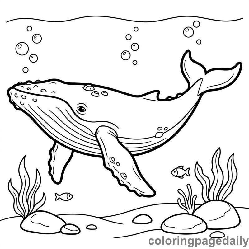 Humpback Whale Swimming - Daily printable coloring page in Ocean and Underwater Life category