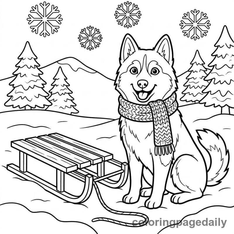 Husky Sled Dog Rest - Daily printable coloring page in Winter and Snow Season category