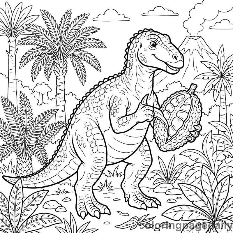 Iguanodon Peeling Prehistoric Fruit - Daily printable coloring page in Dinosaur category