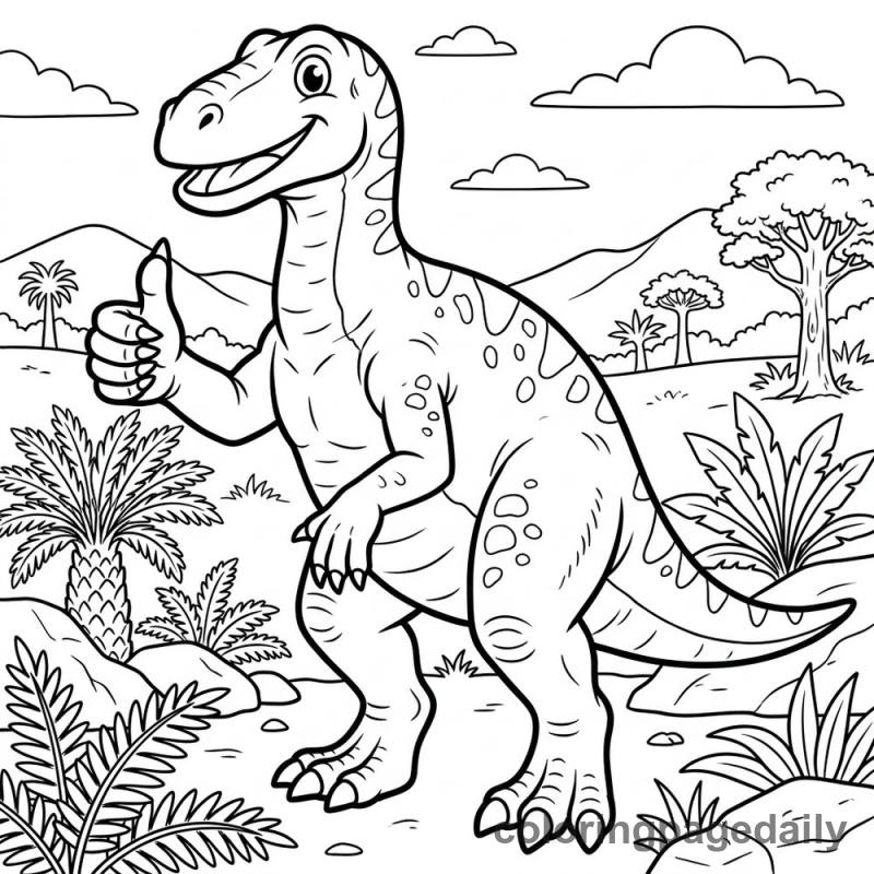 Iguanodon's Thumbs Up - Daily printable coloring page in Dinosaur category